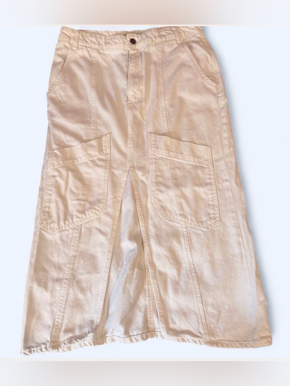 White Denim Utility Midi Skirt with Front Pockets